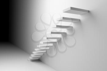 White ascending stairs of rising staircase going upward in dark empty room, abstract white 3d illustration. Business growth, progress way and forward achievement creative concept.