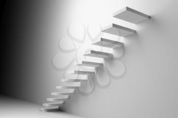 Ascending stairs of rising staircase going upward in dark white empty room, abstract white 3d illustration. Business growth, progress way and forward achievement creative concept