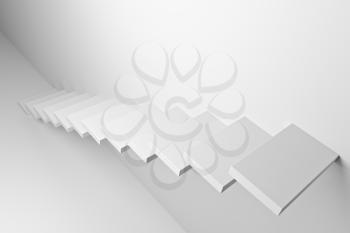 White ascending stairs of rising staircase going upward top diagonal view, abstract white 3d illustration. Business growth, progress way and forward achievement creative concept