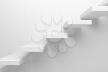 Ascending stairs of rising staircase going upward closeup view abstract white 3d illustration. Business growth, progress way and forward achievement creative concept.