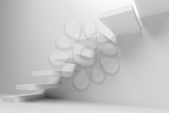 Ascending stairs of rising staircase going upward in white empty room closeup view, abstract white 3d illustration. Business growth, progress way and forward achievement creative concept.