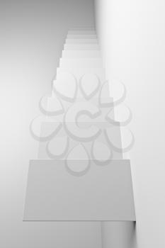 White ascending stairs of rising staircase going upward, top view, abstract white 3d illustration. Business growth, progress way and forward achievement creative concept.