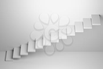 White ascending stairs of rising staircase going upward in white empty room, abstract 3d illustration. Business growth, progress way and forward achievement creative concept.