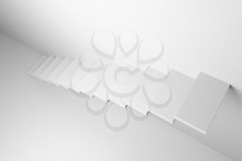 Ascending stairs of rising staircase going upward in white empty room top diagonal view, abstract white 3d illustration. Business growth, progress way and forward achievement creative concept.