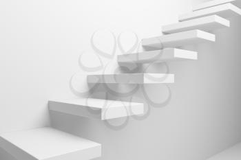 Ascending stairs of white rising staircase going upward closeup view, abstract white 3d illustration. Business growth, progress way and forward achievement creative concept.