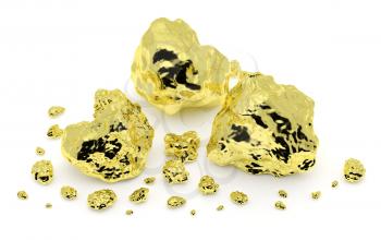 Golden nuggets closeup isolated on white background. Gold ore in its origin as pieces of gold. 3D illustration