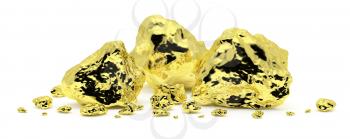 Many golden nuggets close-up isolated on white background. Gold ore in its origin as pieces of gold. 3D illustration