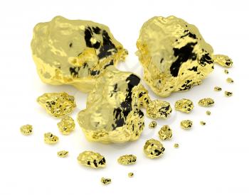 Big and small golden nuggets closeup isolated on white. Gold ore in its origin as pieces of gold. 3D illustration