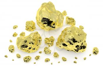 Big and small golden nuggets closeup isolated on white background. Gold ore in its origin as pieces of gold. 3D illustration