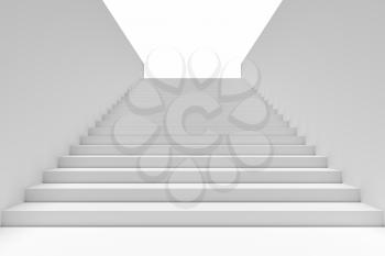 Long staircase with white stairs and walls in underground passage going up to the light, 3d illustration