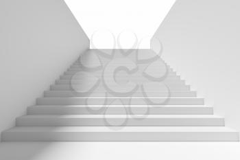 Long staircase with white stairs and walls and shadow from light in underground passage going up to the light, 3d illustration