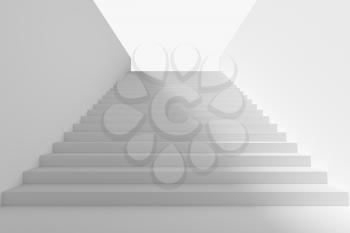 Long staircase with white stairs and walls and big shadow from light in underground passage going up to the light, 3d illustration