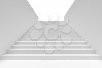 Long staircase with white stairs and walls in underground passage going upward, 3d illustration