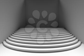 Stage with white round stairs in dark empty white room, wide angle front view, abstract architectural interior 3d illustration
