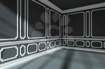 Corner of empty black room with sunlight from window, with white decorative classic style molding frames on walls, with flat ceiling, floor and baseboard, 3d interior illustration