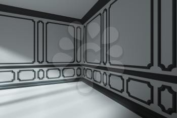 Empty white room corner with sunlight from window, with black decorative classic style molding frames on walls, with flat ceiling, floor and baseboard, 3d interior illustration