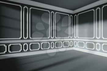 Corner in black empty room interior with sunlight from window, with white decorative classic style molding frames on walls, with flat ceiling, floor and baseboard, 3d illustration