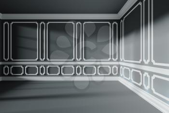 Black empty room interior with sunlight from window, with white decorative classic molding frames on walls, with flat ceiling, floor and baseboard, 3d illustration