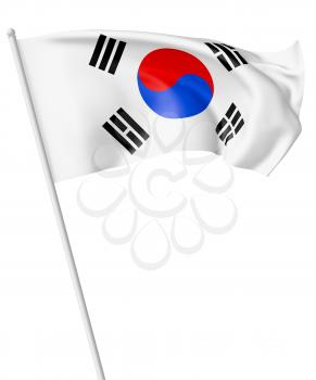 Small national flag of South Korea republic with flagpole flying and waving in the wind isolated on white, 3d illustration