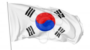 National flag of South Korea republic on flagpole flying and waving in the wind isolated on white background, 3d illustration