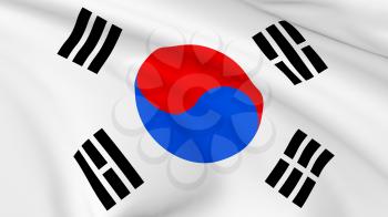National flag of South Korea republic on flying and waving in the wind closeup background, 3d illustration