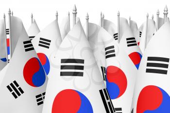 Many small flags of South Korea republic closeup view isolated on white background, 3d illustration