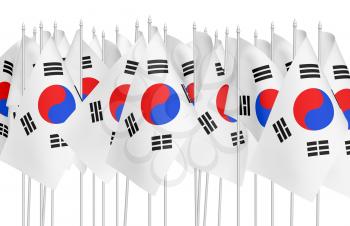Many small flags of South Korea republic in row isolated on white background, 3d illustration