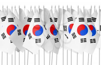 Many small flags of South Korea republic in row isolated on white background, seamless, 3d illustration