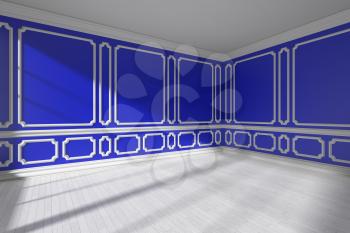 Blue empty room interior with sunlight from window, decorative classic style molding frames on walls, white wooden parquet floor and white baseboard wide angle, 3d illustration