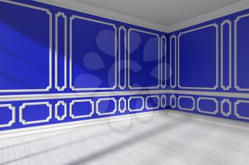 Blue empty room corner interior with sunlight from window, decorative classic style molding frames on walls, white wooden parquet floor and white baseboard, 3d illustration