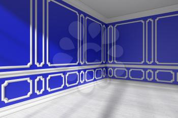 Blue empty room interior with sunlight from window, decorative classic style molding frames on walls, white wooden parquet floor and white baseboard closeup, 3d illustration