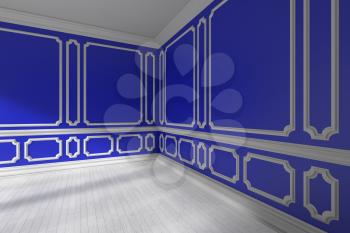 Blue empty room interior with sunlight from window, decorative classic molding frames on walls, white wooden parquet floor and white baseboard, 3d illustration.