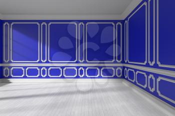 Empty blue room interior with sunlight from window, decorative classic style molding frames on walls, white wooden parquet floor and white baseboard, 3d illustration