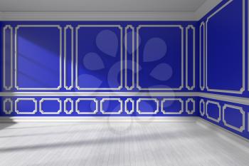 Empty blue room interior with sunlight from window, decorative classic molding frames on walls, white wooden parquet floor and white baseboard, 3d illustration