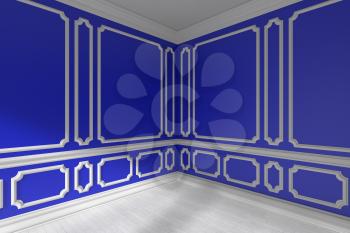 Blue empty room corner interior with sunlight from window, decorative classic style molding frames on walls, white wooden parquet floor and white baseboard closeup, 3d illustration