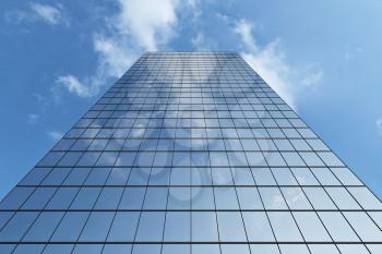 Bottom view of modern business skyscraper in business district in day sunlight under blue sky with clouds raising to the sky, business offices corporate building with blue windows, 3D illustration