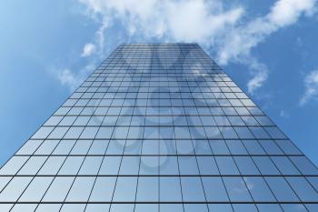 Low angle view of modern business skyscraper in business district in day sunlight under blue sky with clouds raising to the sky, business offices corporate building with blue windows, 3D illustration