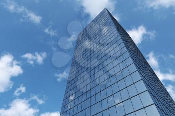 Bottom view of modern business skyscraper in day sunlight under blue sky with clouds raising to the sky, business offices corporate building with blue windows, 3D illustration