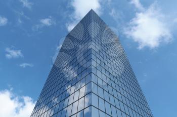 Bottom view of modern business skyscraper in business district in day sunlight under blue sky with clouds raising to sky, business offices corporate building with blue windows, 3D illustration
