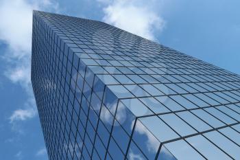 Bottom low angle view of modern business skyscraper in business district in day sunlight under blue sky with clouds raising to sky, business offices corporate building with blue windows, 3D illustration