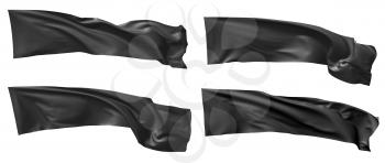 Long black flag waving and flying in the wind isolated on white collection set, 3d illustration.