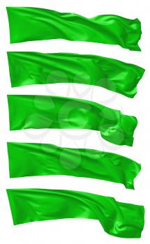 Long green flag flying and waving in the wind isolated on white collection, 3d illustration set