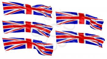 National flag of United Kingdom of Great Britain flying and waving in wind isolated on white collection, long flag, 3d illustration set