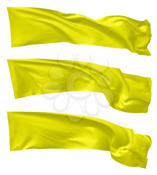 Long yellow flag flying and waving in the wind isolated on white collection, 3d illustration set