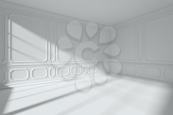 Simple white room interior with sunlight from window, with white decorative classic style molding frames on walls, with baseboard and flat ceiling and floor, 3d illustration