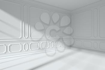 White room interior with sunlight from window, with white decorative classic style molding frames on walls, with flat ceiling, floor and baseboard, 3d illustration