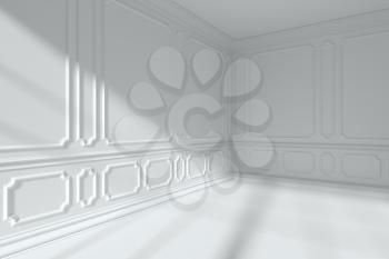 Simple white room interior with sunlight from window, with white decorative classic style molding frames on walls, with flat ceiling, floor and baseboard, closeup, 3d illustration