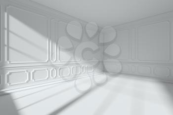 Simple white room interior with sunlight from window, with white decorative classic style molding frames on walls, with flat ceiling, floor and baseboard, wide angle, 3d illustration