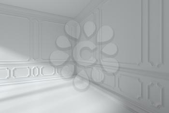 Simple white room angle interior with sunlight from window, with white decorative classic style molding frames on walls, with flat ceiling, floor and baseboard, 3d illustration