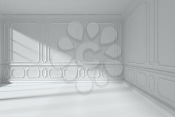 Simple white room interior with sun light from window, with white decorative classic style molding frames on walls, with flat ceiling, floor and baseboard, 3d illustration